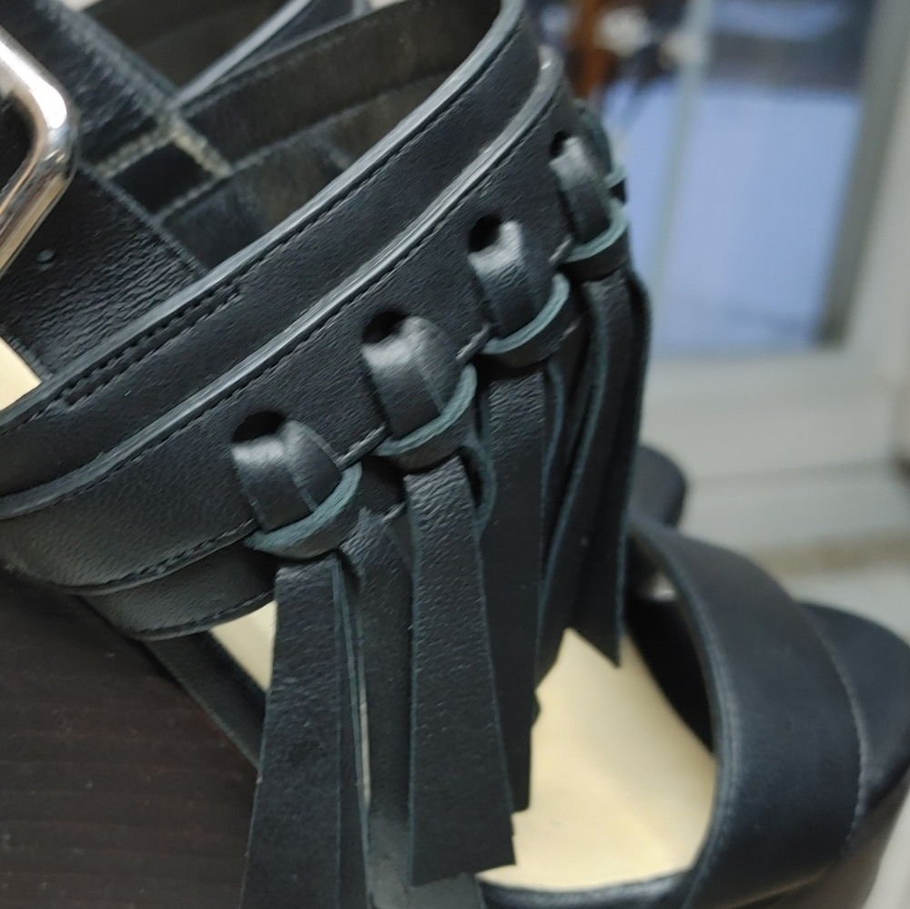 JIMMY CHOO NYA 120 FRINGE WEDGE SANDAL, BLACK 38 - Picture 2 of 14